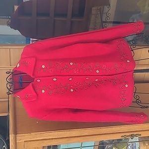 Karen Scott Sport 100% wool jacket, festive embroidery, button front PM vintage